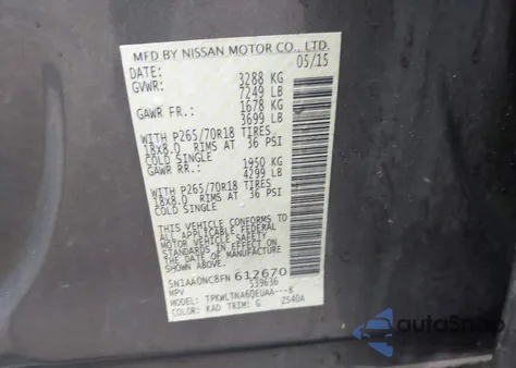 2015 Nissan Armada Platinum/Sl/Sv from USA, damaged, VIN 5N1AA0NC8FN612670